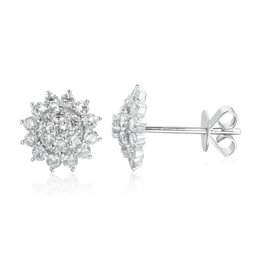 14k White Gold Sunflower Halo CVD Lab Diamond Stud Earrings