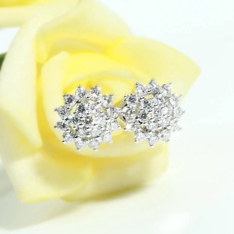 14k White Gold Sunflower Halo CVD Lab Diamond Stud Earrings