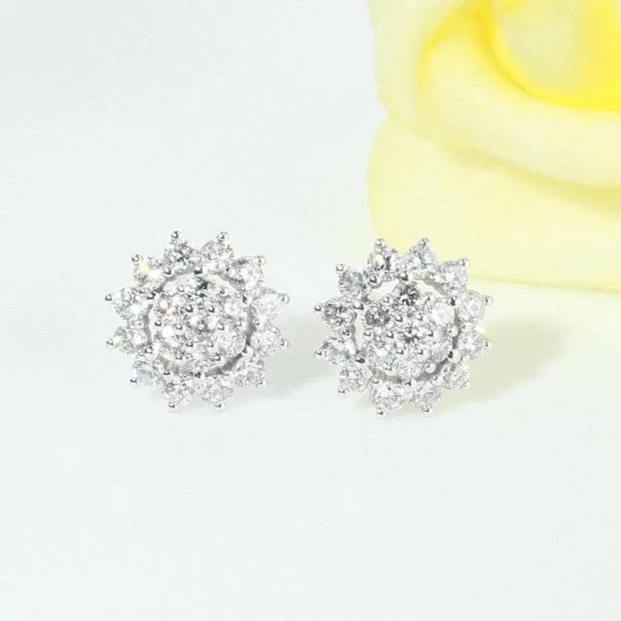 14k White Gold Sunflower Halo CVD Lab Diamond Stud Earrings