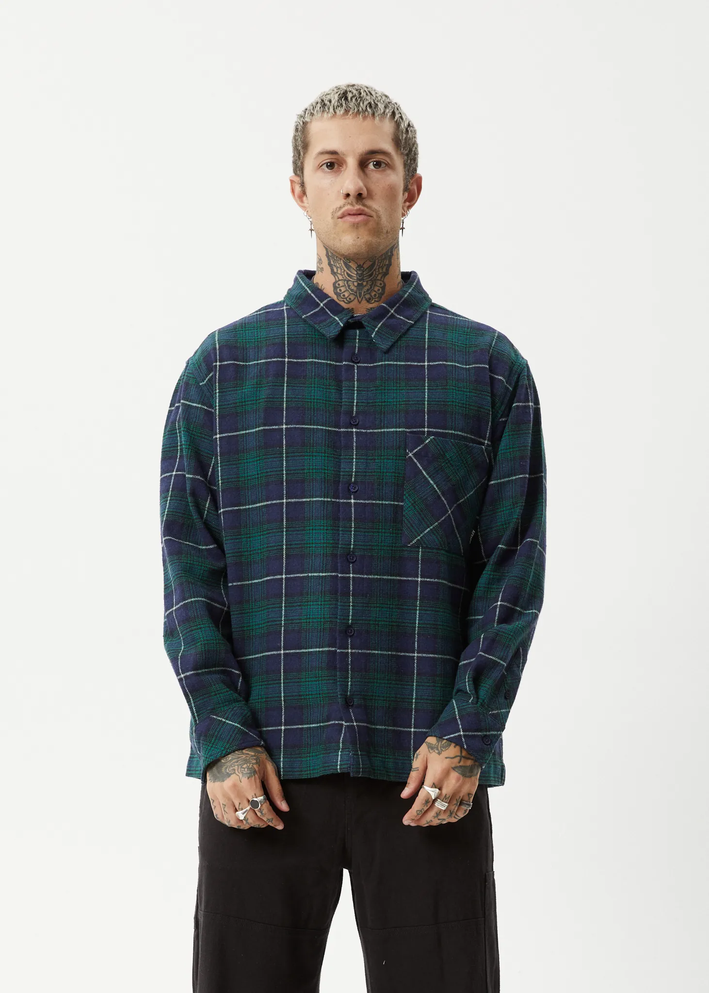 AFENDS Mens Flannel Shirt Navy