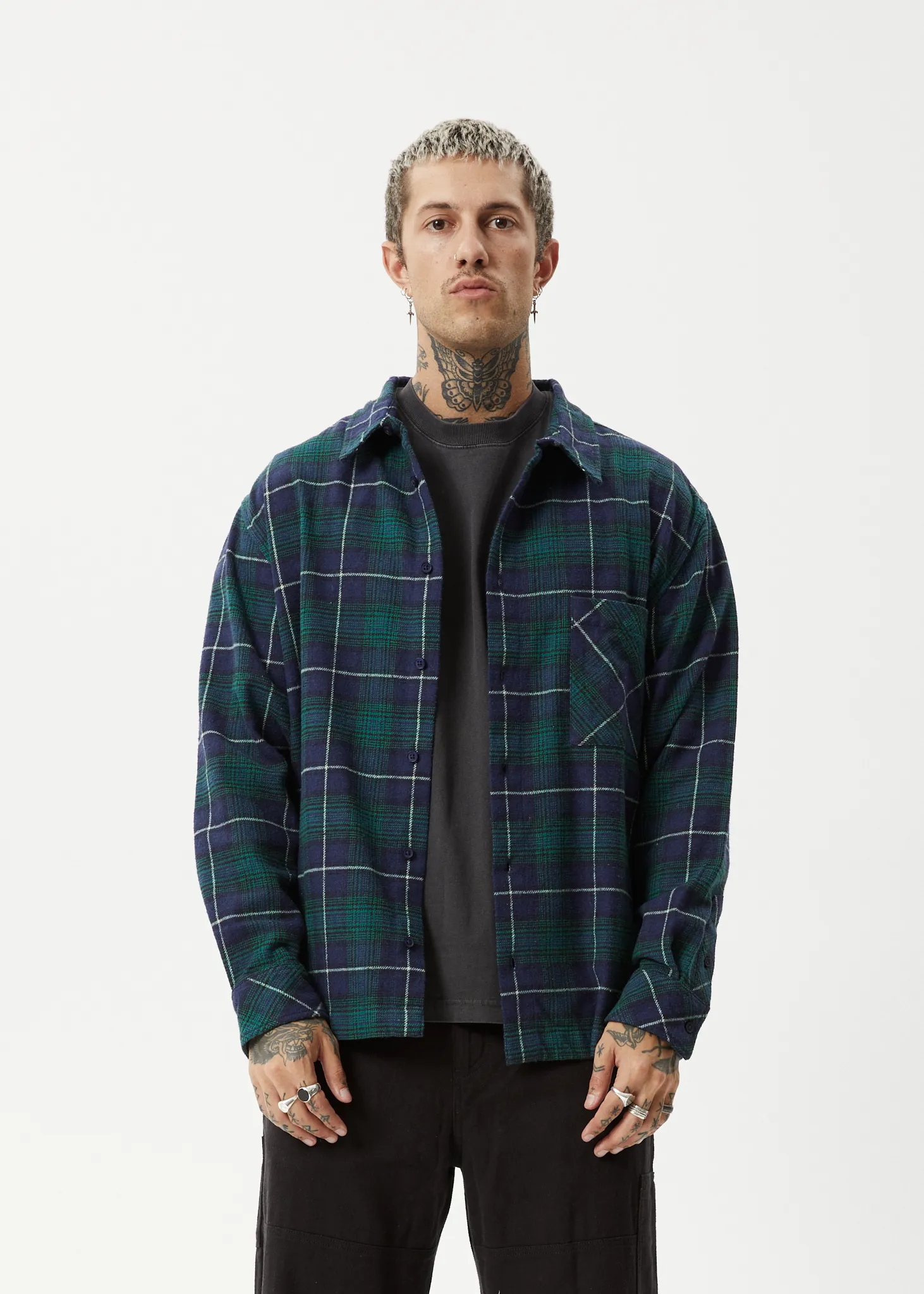 AFENDS Mens Flannel Shirt Navy