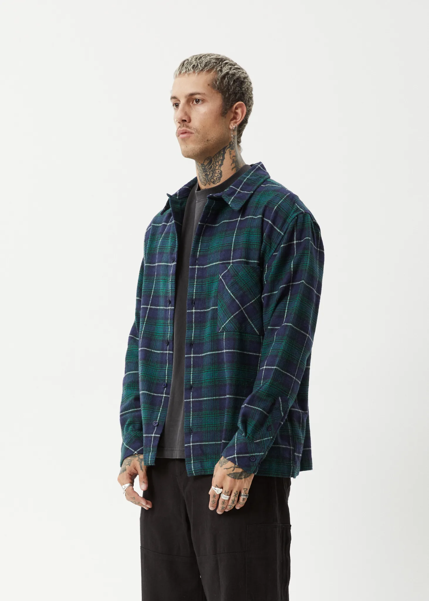 AFENDS Mens Flannel Shirt Navy