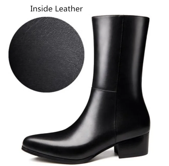 Autumn Winter Men's Leather Mid Boots - Pointed Toe, High Heel, Zipper Closure, 5cm Height Increase, Warm Chelsea Boots - Availa