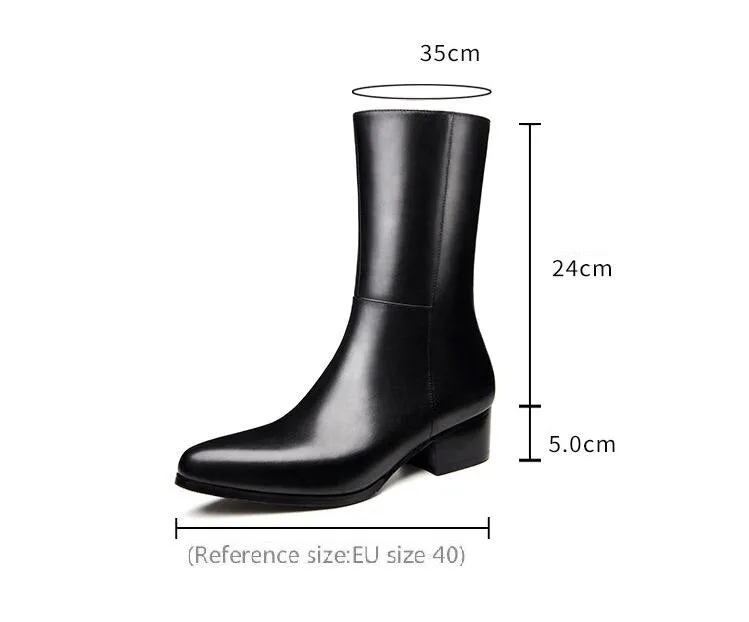 Autumn Winter Men's Leather Mid Boots - Pointed Toe, High Heel, Zipper Closure, 5cm Height Increase, Warm Chelsea Boots - Availa