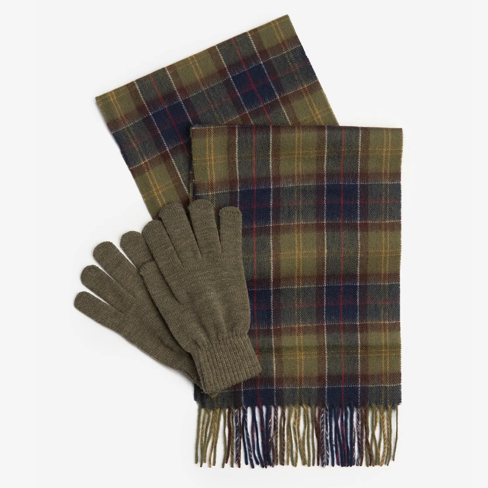 Barbour Men's Tartan/Olive Scarf & Glove Gift Set