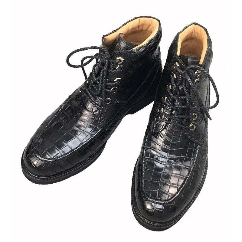 Black Crocodile Skin Pattern Cowboy Ankle Boots - Luxury Italian Handmade