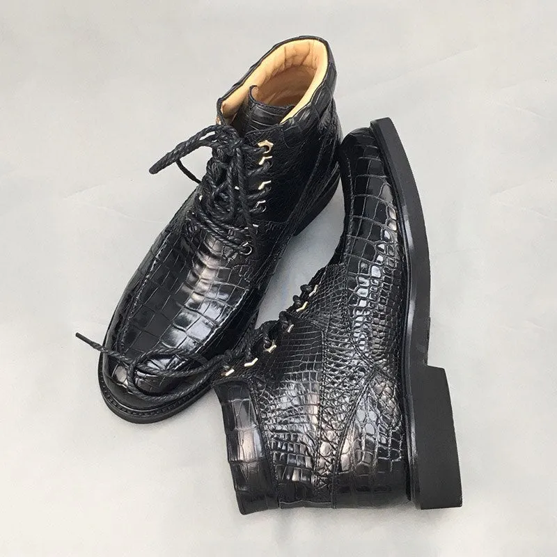 Black Crocodile Skin Pattern Cowboy Ankle Boots - Luxury Italian Handmade