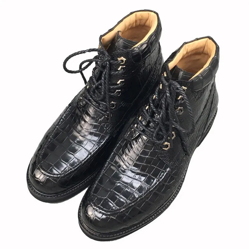 Black Crocodile Skin Pattern Cowboy Ankle Boots - Luxury Italian Handmade