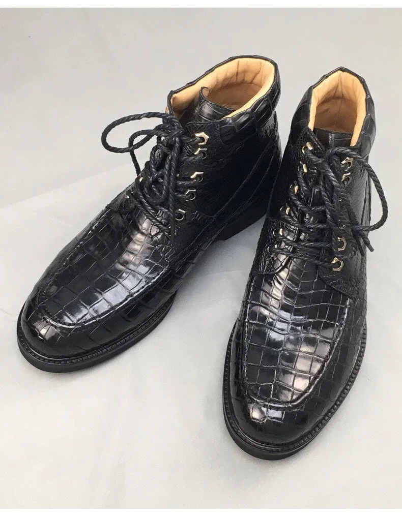 Black Crocodile Skin Pattern Cowboy Ankle Boots - Luxury Italian Handmade