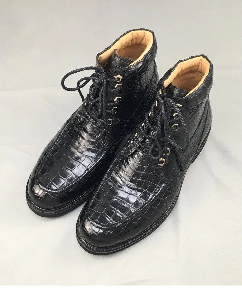 Black Crocodile Skin Pattern Cowboy Ankle Boots - Luxury Italian Handmade