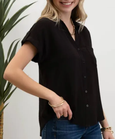 Black Short Sleeve Button Down Top