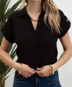 Black Short Sleeve Button Down Top