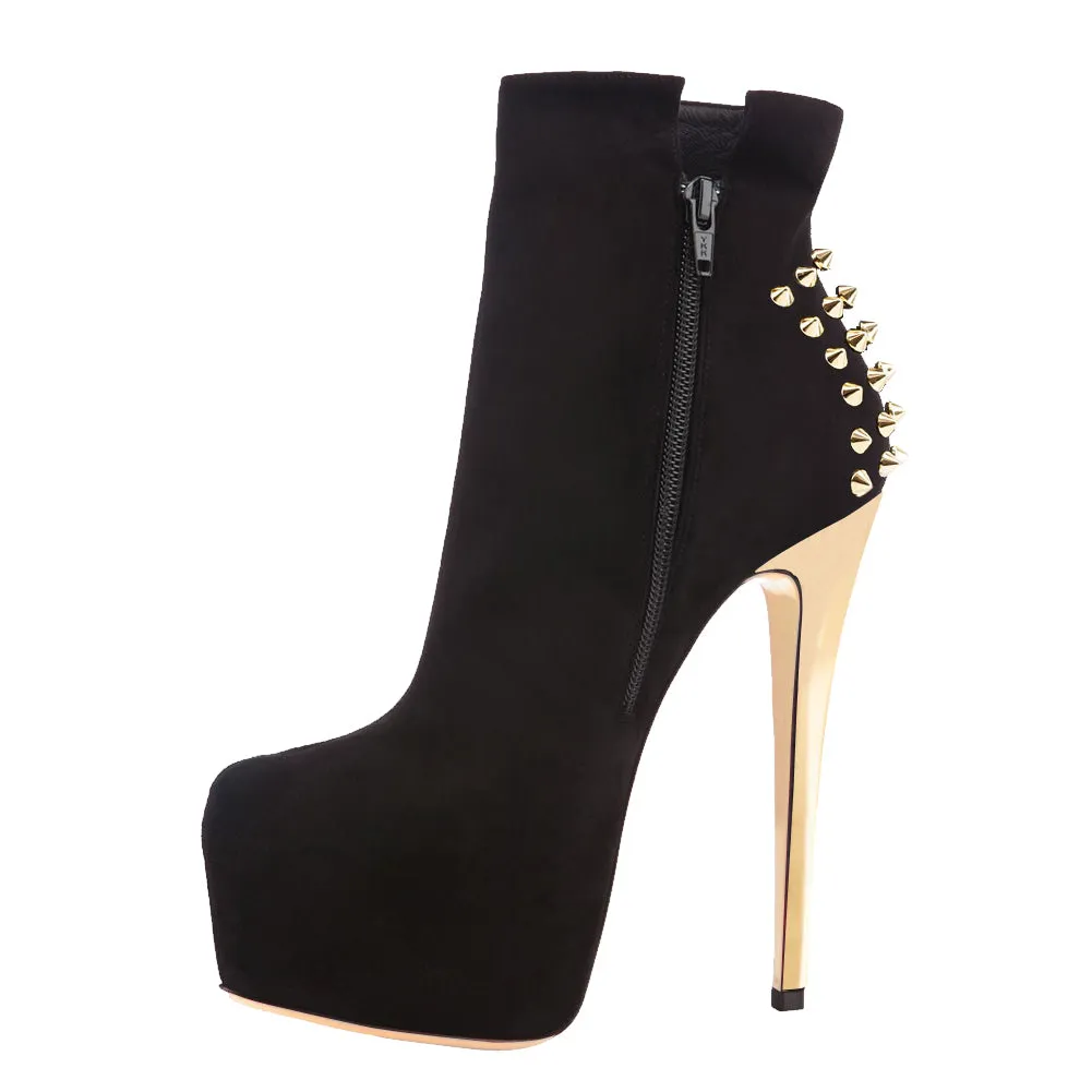 Black Suede Stiletto Ankle Boots with Golden Rivet Platform High Heels