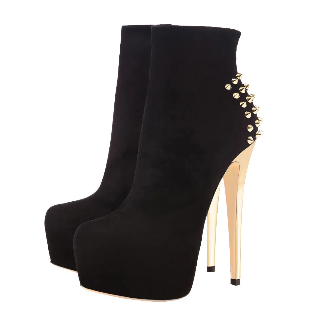 Black Suede Stiletto Ankle Boots with Golden Rivet Platform High Heels