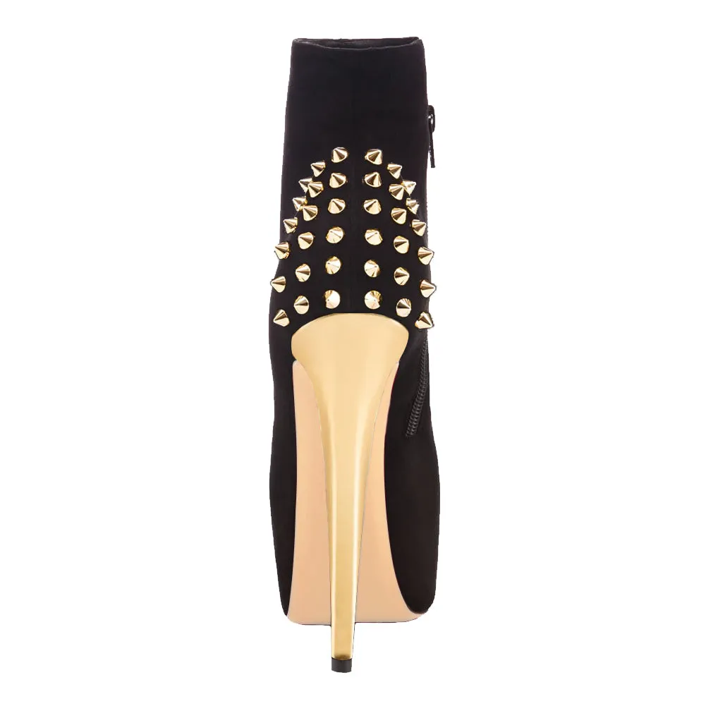 Black Suede Stiletto Ankle Boots with Golden Rivet Platform High Heels