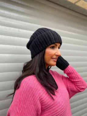 Black Wool Knit Hat, Ribbed