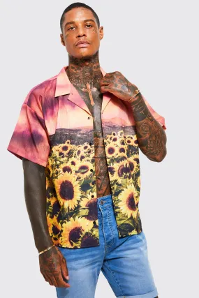 Boxy Textured Revere Sunflower Print Shirt