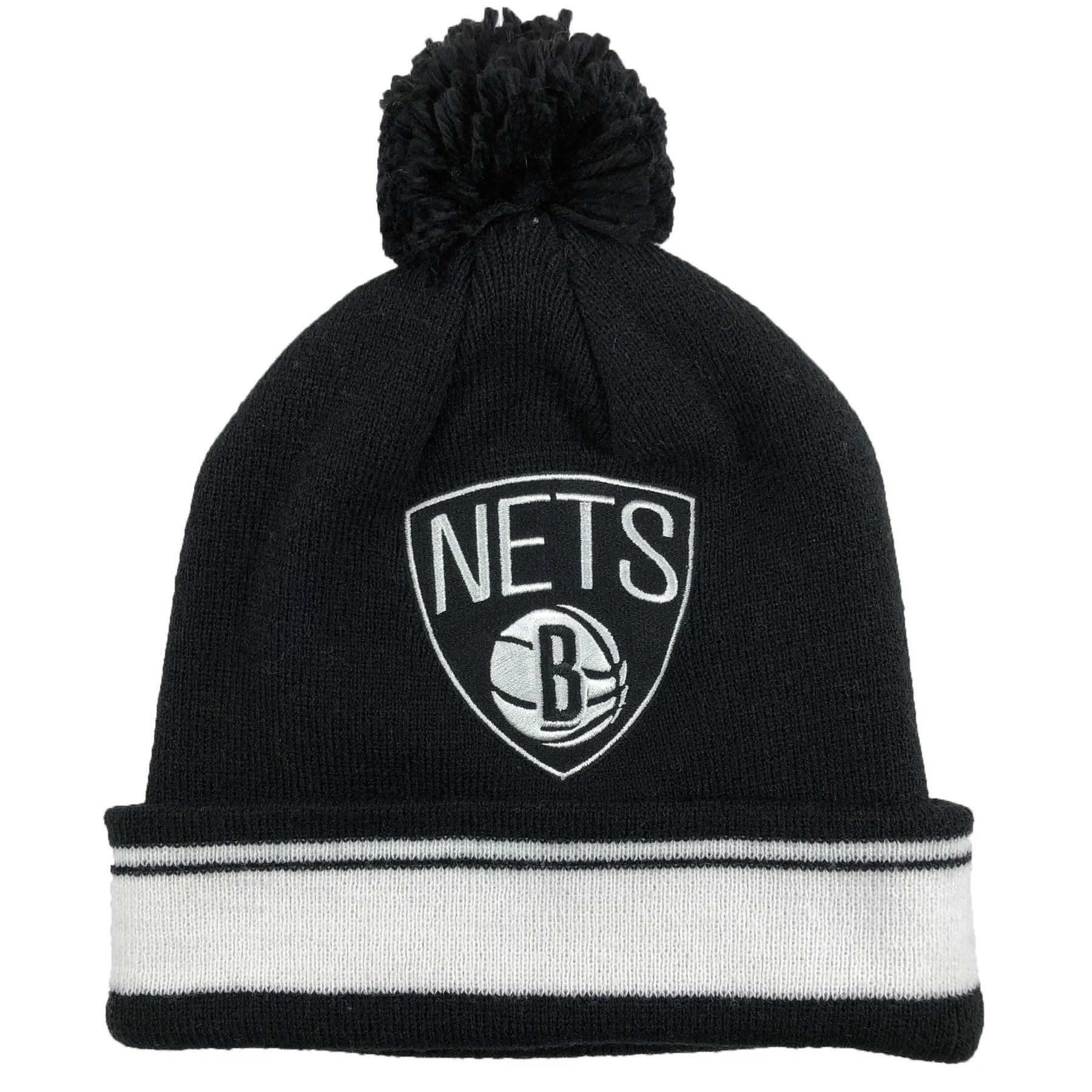 Brooklyn Nets Black Striped Cuffed Pom Pom Winter Beanie