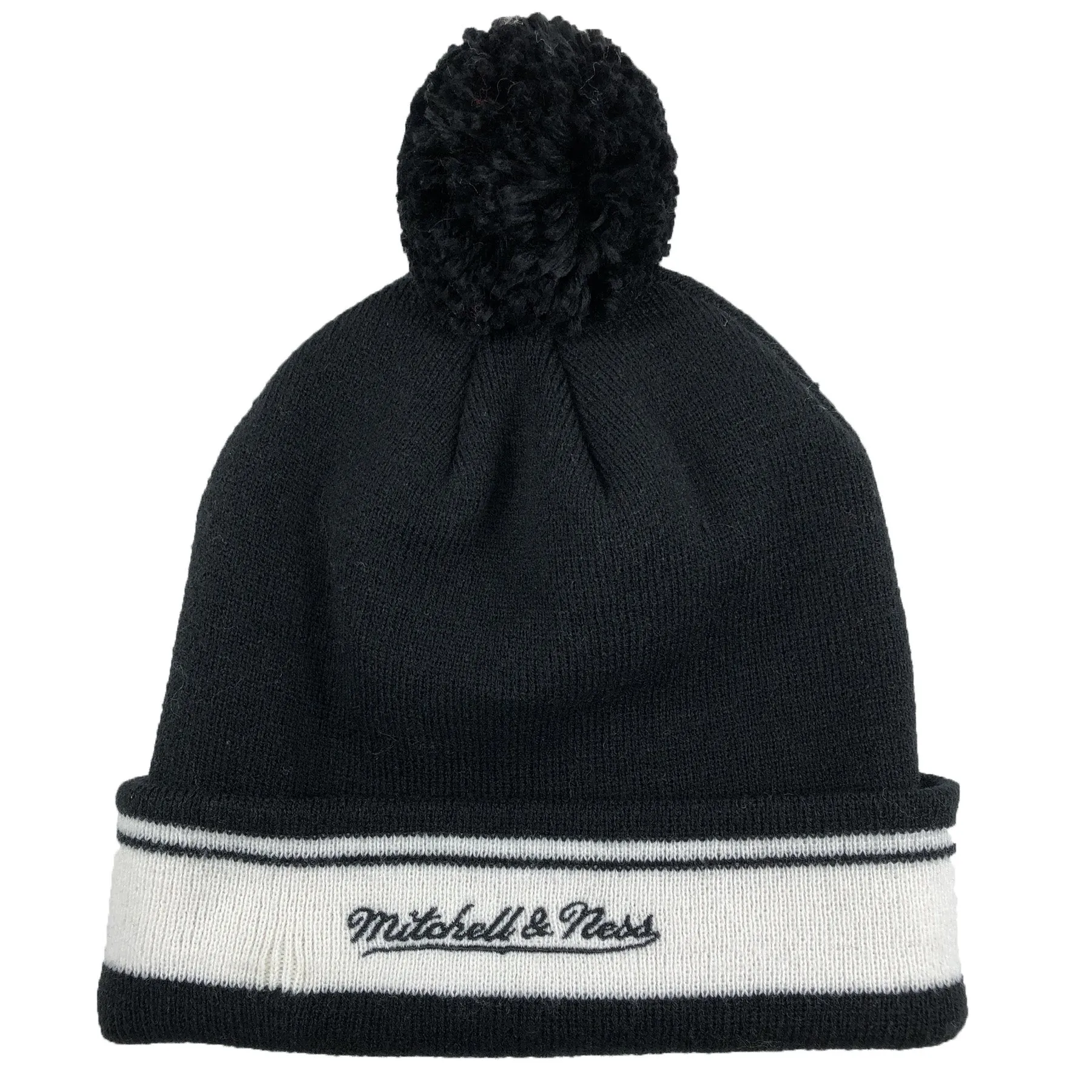 Brooklyn Nets Black Striped Cuffed Pom Pom Winter Beanie