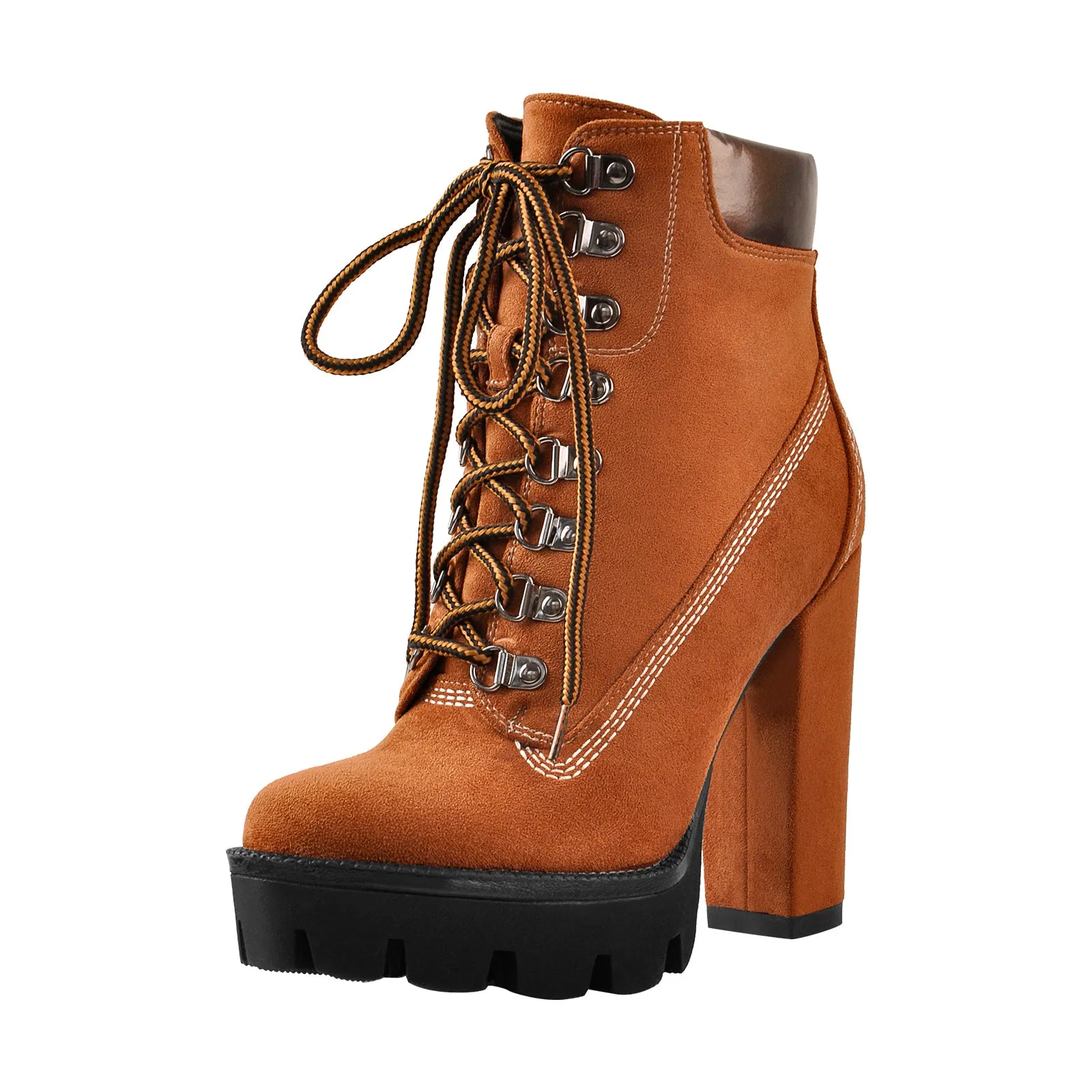 Brown ankle boots with round toe, lace-up closure, platform sole, and chunky high heels.