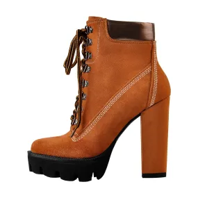 Brown ankle boots with round toe, lace-up closure, platform sole, and chunky high heels.