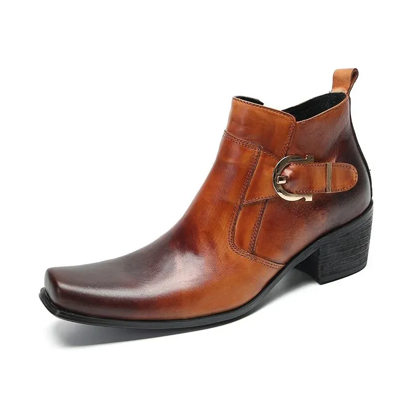 Brown leather men's ankle boots with square toe and zipper for business