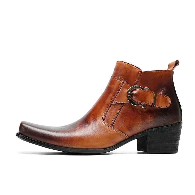 Brown leather men's ankle boots with square toe and zipper for business