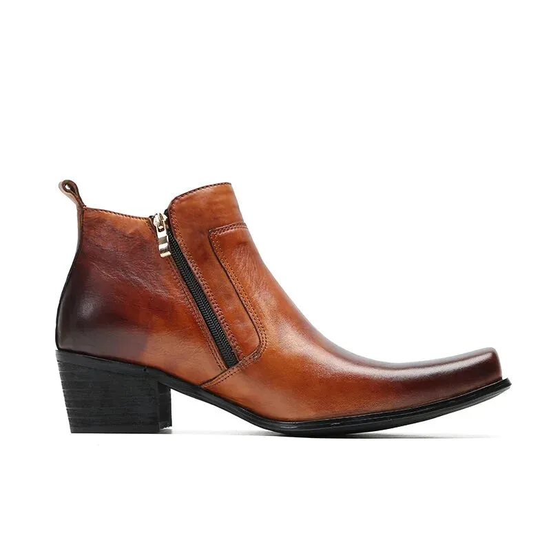 Brown leather men's ankle boots with square toe and zipper for business