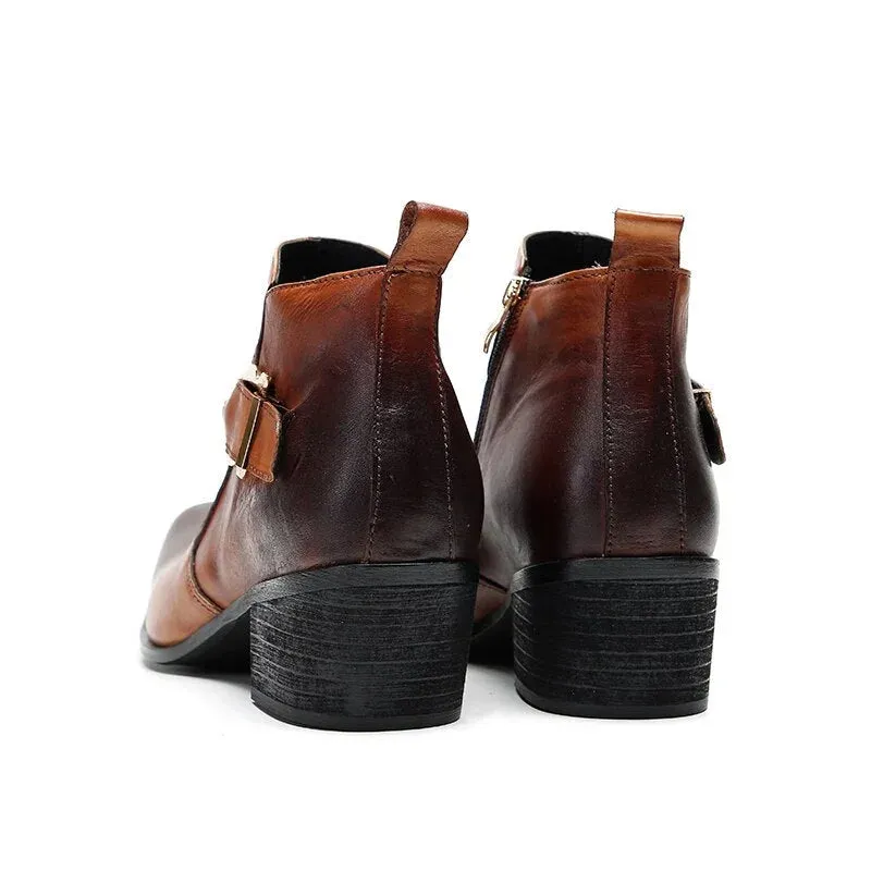 Brown leather men's ankle boots with square toe and zipper for business