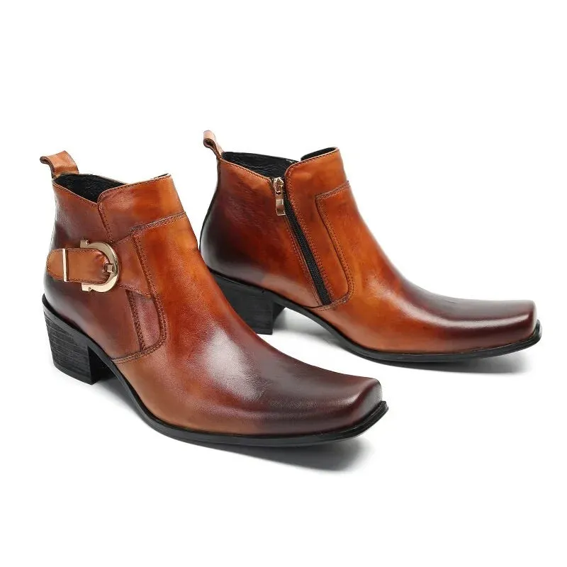 Brown leather men's ankle boots with square toe and zipper for business