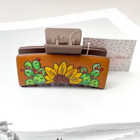 Brown Rectangle Claw Clip in Cactus and Sunflower Print