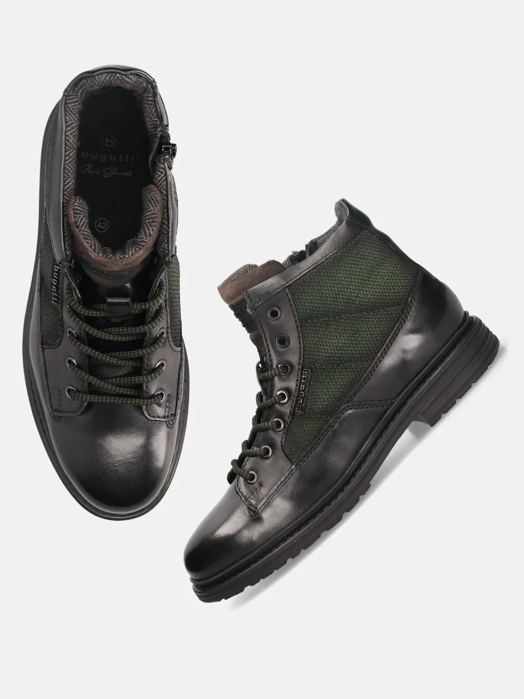 bugatti Black & Dark Green Premium Leather Ankle Boots