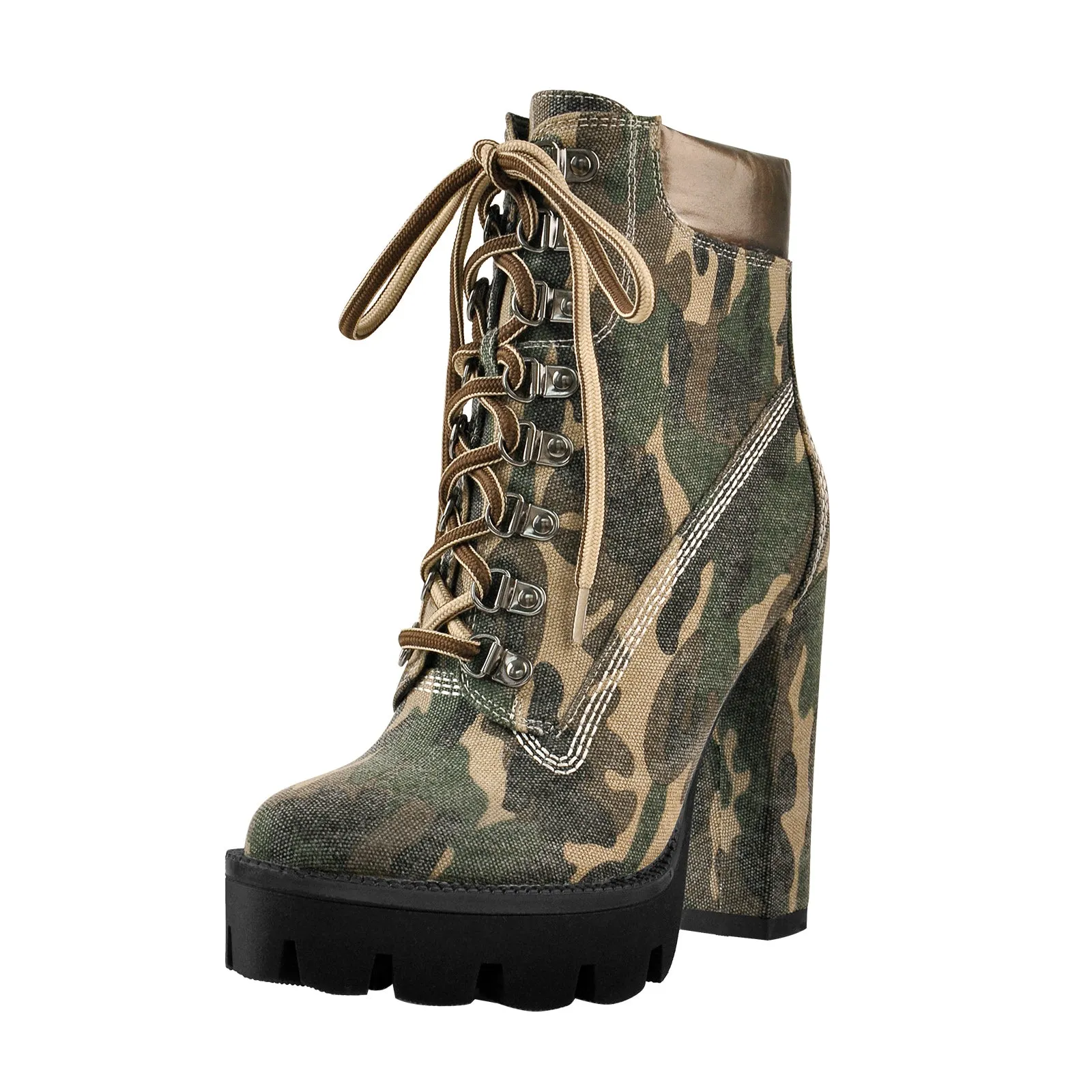 Camo Platform Ankle Boots, Round Toe Lace-Up High Heels