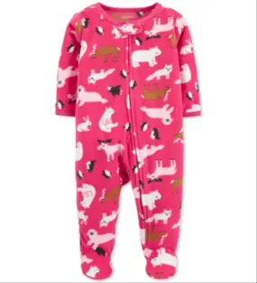 Carter's Pink Footed Fleece Animal Print Coverall - Size 6MOS