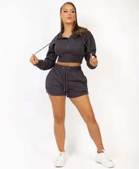 Charcoal Grey Zipped Cropped Long Sleeve Hoodie And Shorts Tracksuit Set