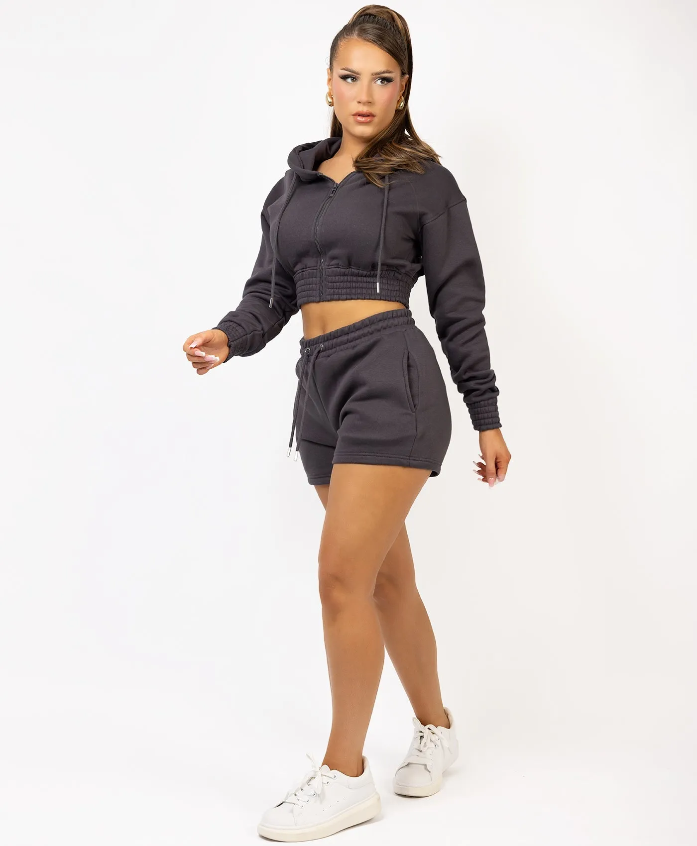 Charcoal Grey Zipped Cropped Long Sleeve Hoodie And Shorts Tracksuit Set