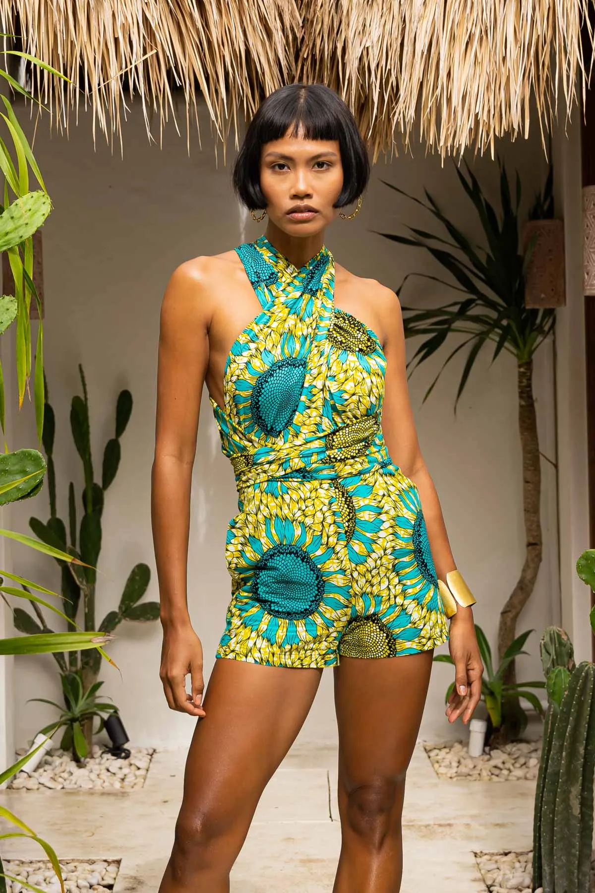 Chinwe Shorts Infinity Romper - Yellow/Green Sunflower Print |TROPICANA