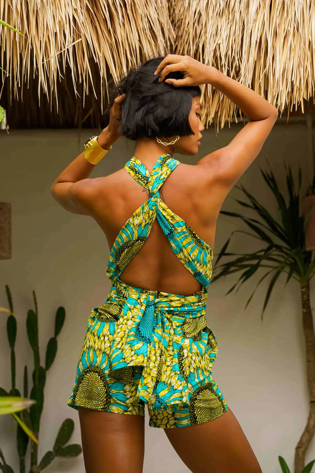 Chinwe Shorts Infinity Romper - Yellow/Green Sunflower Print |TROPICANA