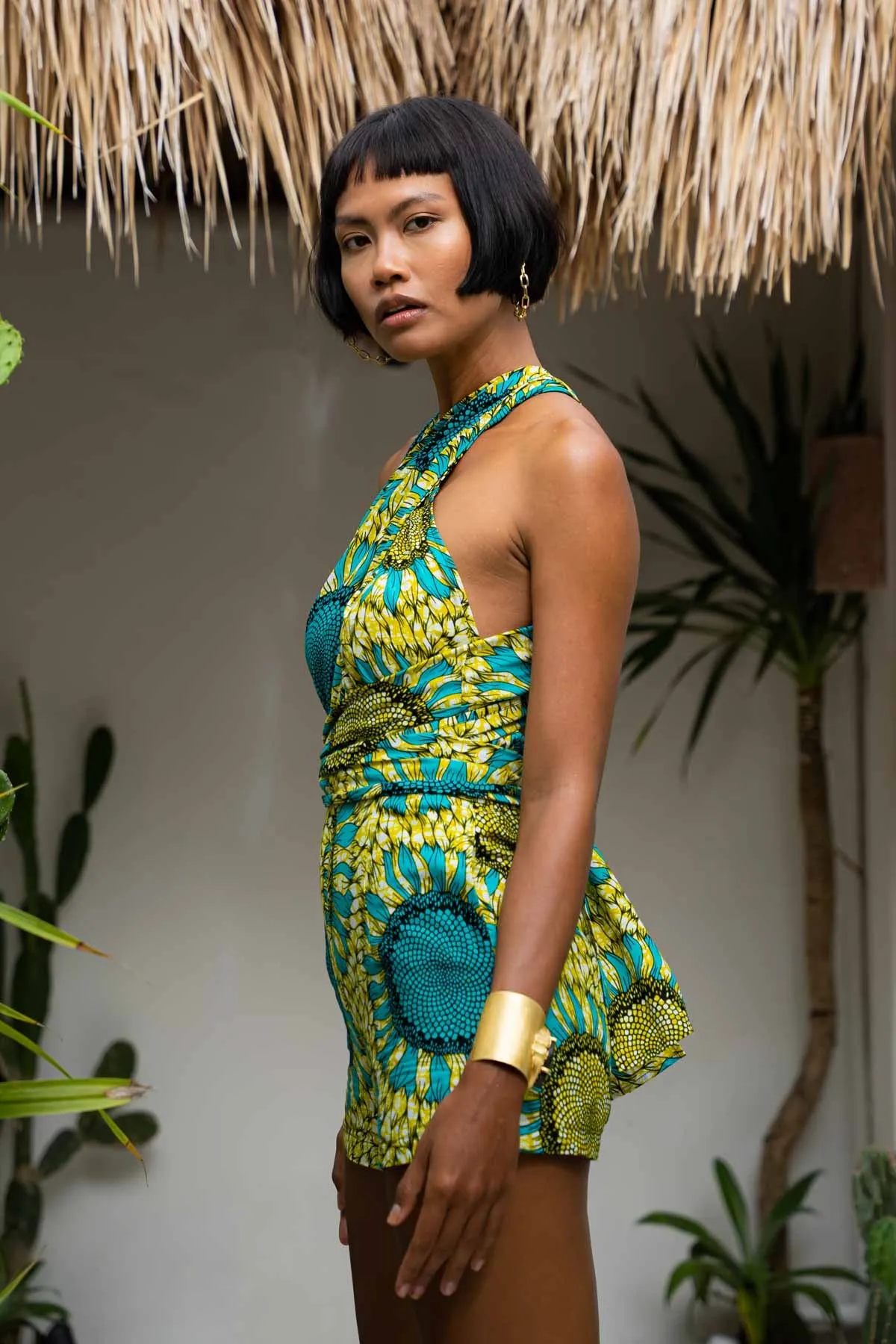 Chinwe Shorts Infinity Romper - Yellow/Green Sunflower Print |TROPICANA