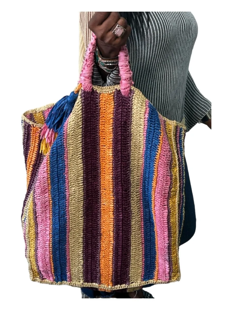 Cleobella striped Raffia Tote Tassel Trim Bag