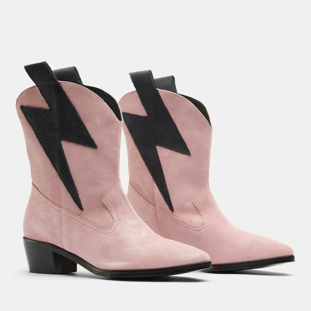 Customizable Pink/Black Suede Bolt Western Boots - Handcrafted