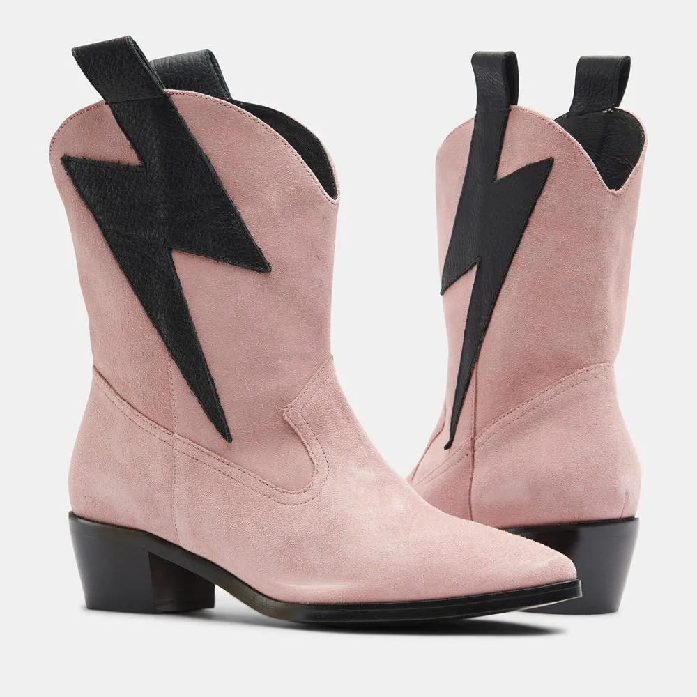 Customizable Pink/Black Suede Bolt Western Boots - Handcrafted