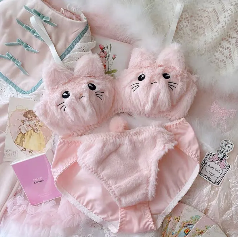 Cute Cat Pink Plush Underwear