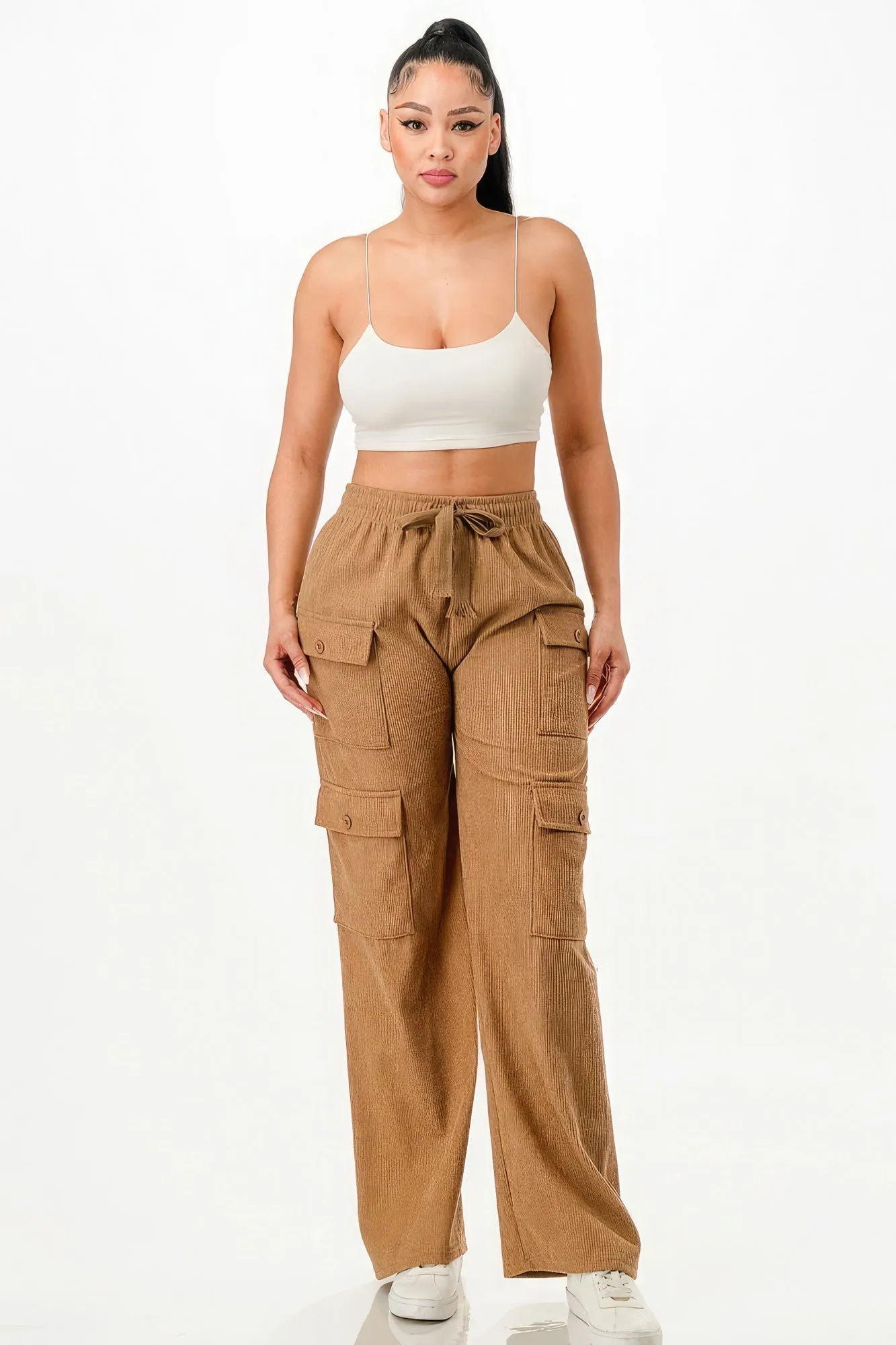 Front Tie Corduroy Cargo Pants