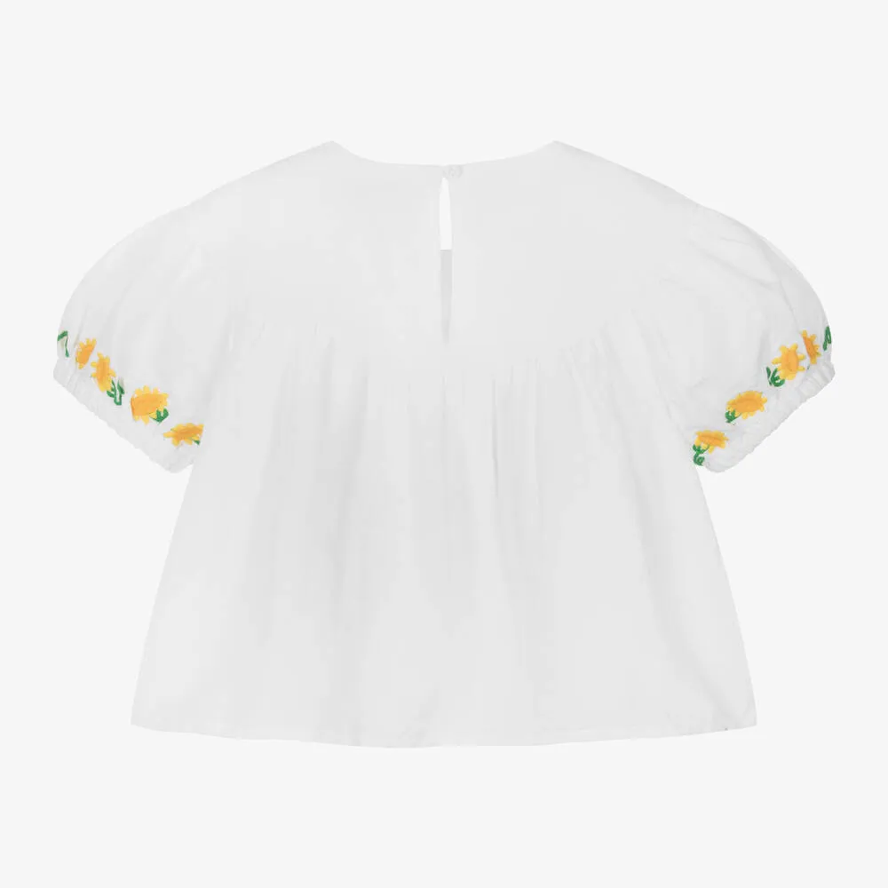 Girls White Linen Sunflower Blouse