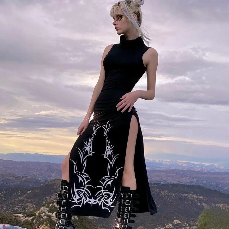 Gothic Print Midi Dress - Turtleneck Long Dress | Unleash Your Dark Side