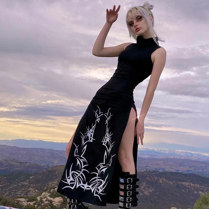 Gothic Print Midi Dress - Turtleneck Long Dress | Unleash Your Dark Side