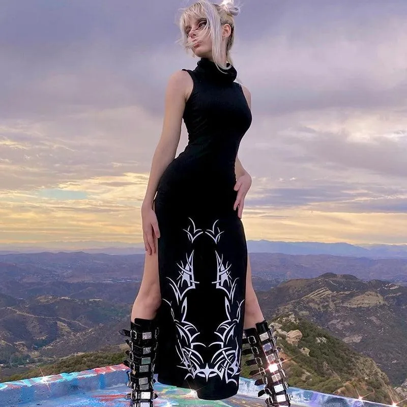 Gothic Print Midi Dress - Turtleneck Long Dress | Unleash Your Dark Side