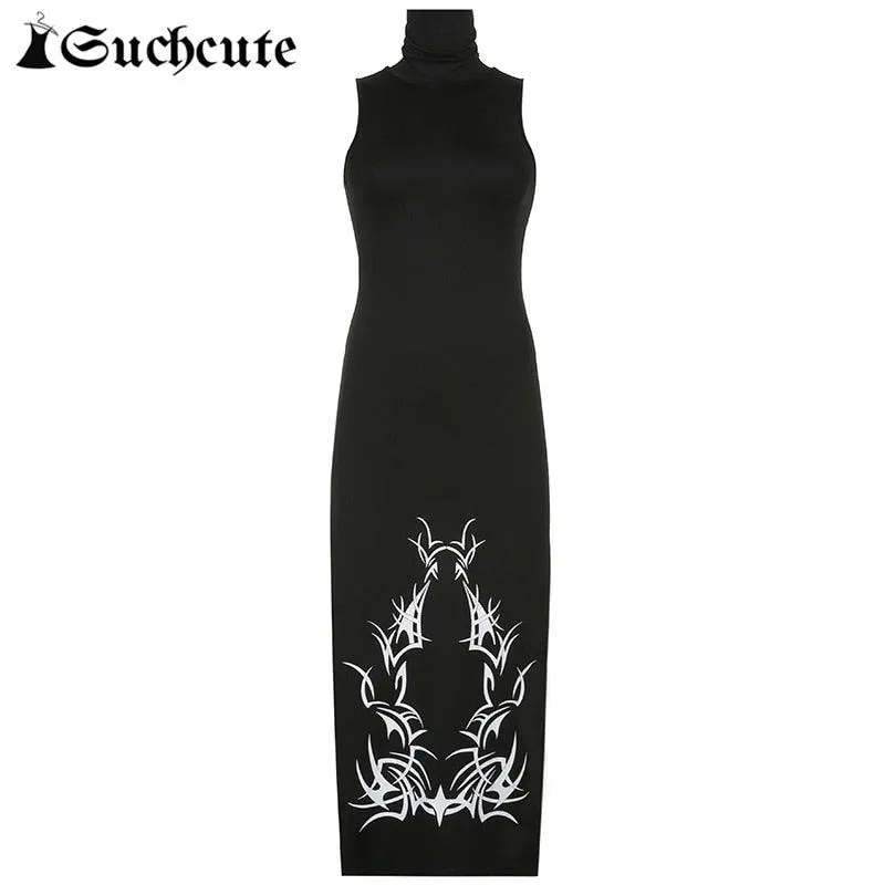 Gothic Print Midi Dress - Turtleneck Long Dress | Unleash Your Dark Side