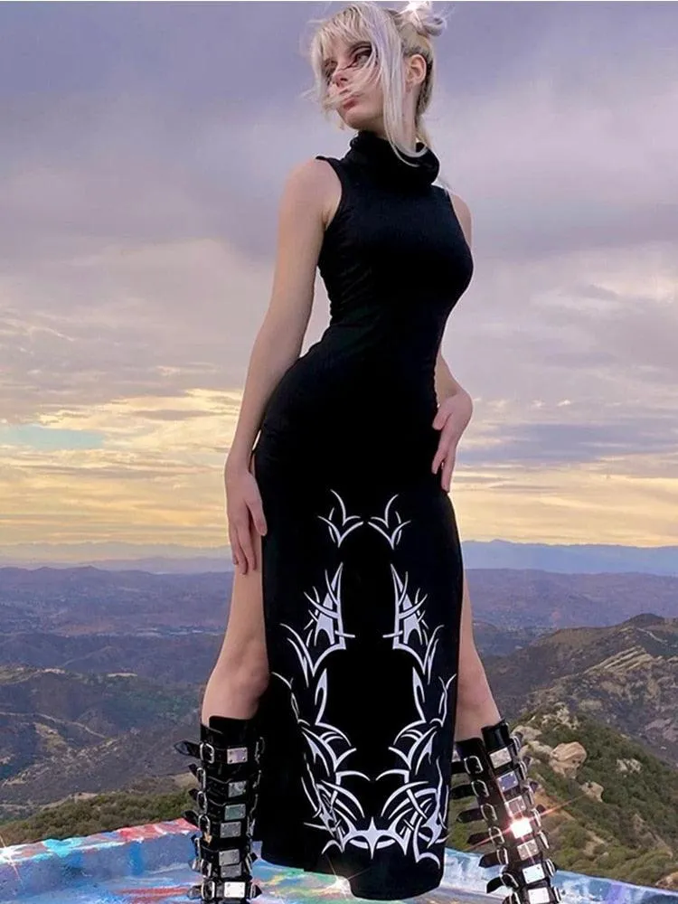 Gothic Print Midi Dress - Turtleneck Long Dress | Unleash Your Dark Side